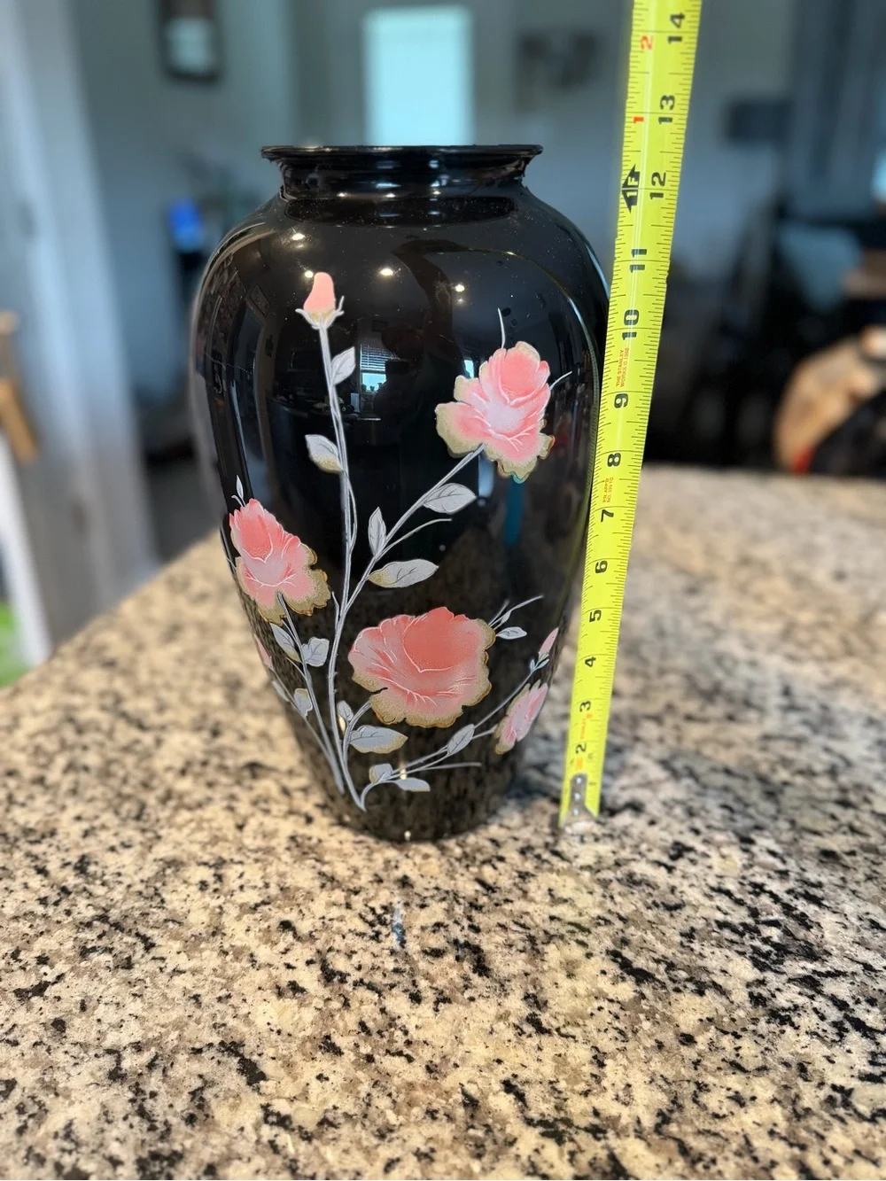 Black Floral Ceramic Vase with Pink Roses